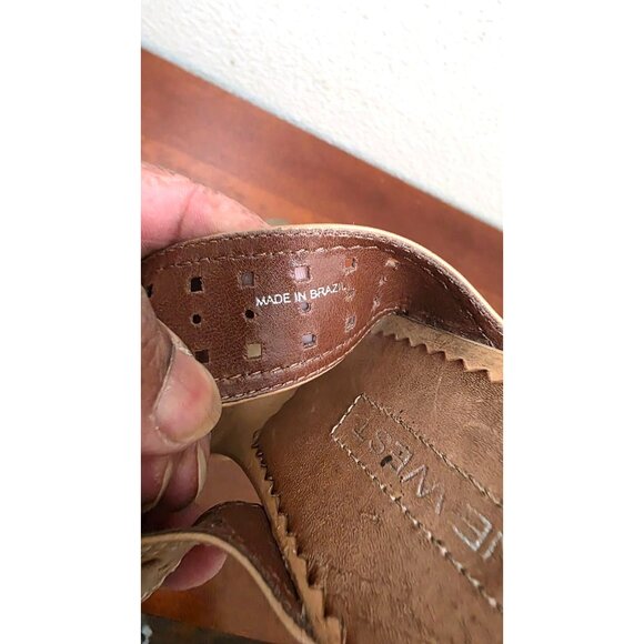 Nine West Tan Wood Platform Block Perforated Leather Heeled Sandals Size 9 - Picture 8 of 10